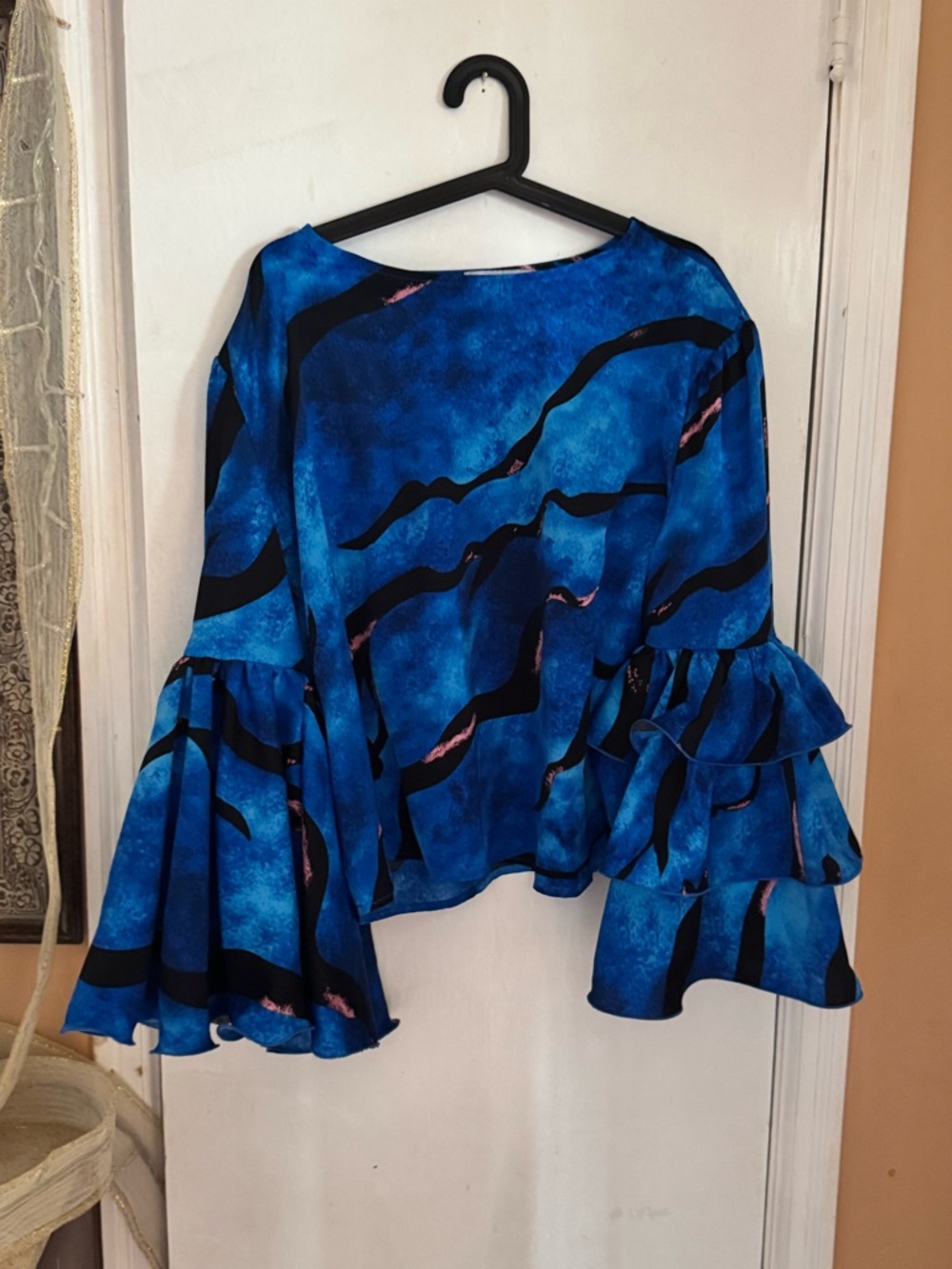 ****SOLD***Vibrant Blue Ruffle-Sleeve Printed Blouse Kate Hewko SOLD